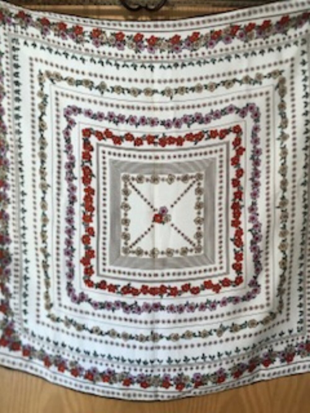 3/$15 Vintage Floral Square Scarf Hand Rolled Edges Red Lavender on Ivory Cream